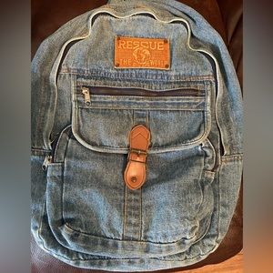 Recycled, denim, backpack. Rescue the world.